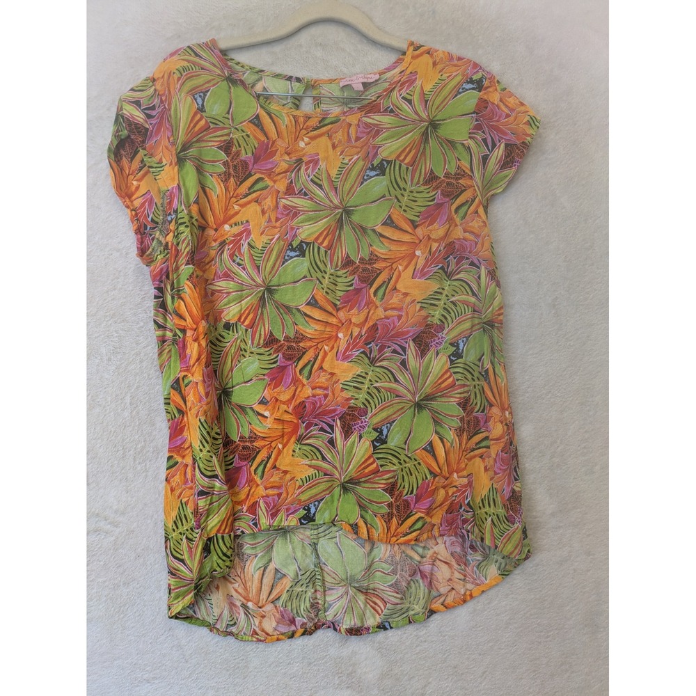 Rose & Rhyme Blouse Women's L Orange Green Tropical Floral High-Low Keyhole Back